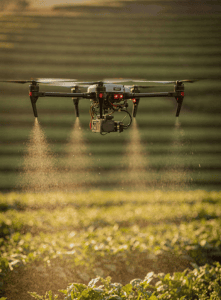 Agricultural drone spraying crops with precision in a terraced field during golden hour, showcasing smart farming and aerial pesticide application.