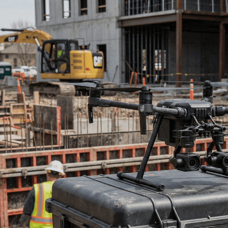 Heavy-duty drone prepared for aerial construction site inspection, with excavator and foundation work in the background.