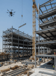 Drone monitoring construction site with steel framework and tower crane lifting materials, highlighting aerial site inspection and smart construction technology.