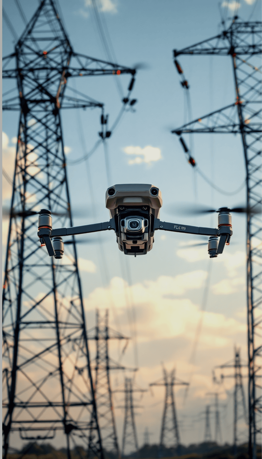 Drone flying near high-voltage power lines during an aerial inspection, used for infrastructure monitoring and utility maintenance.