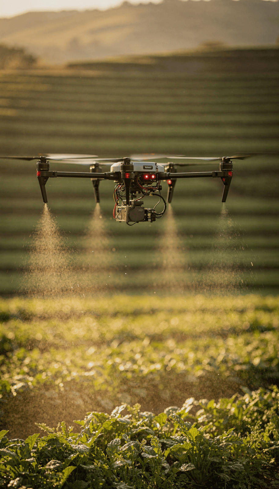 Agricultural drone spraying crops with precision farming technology over a green field during sunset, used for smart farming and crop management.