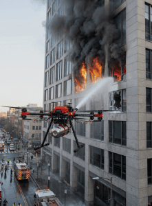Firefighting drone extinguishing flames on a high-rise building during an emergency response, with black smoke and fire trucks visible below.