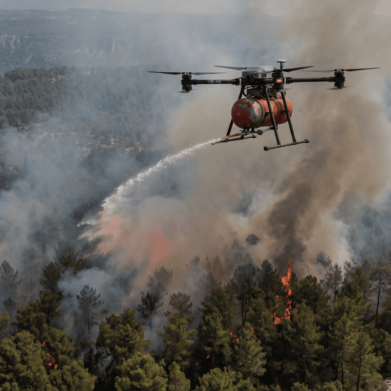 Firefighting drone releasing suppressant over a forest wildfire, showcasing aerial drone technology for wildfire control and emergency response.