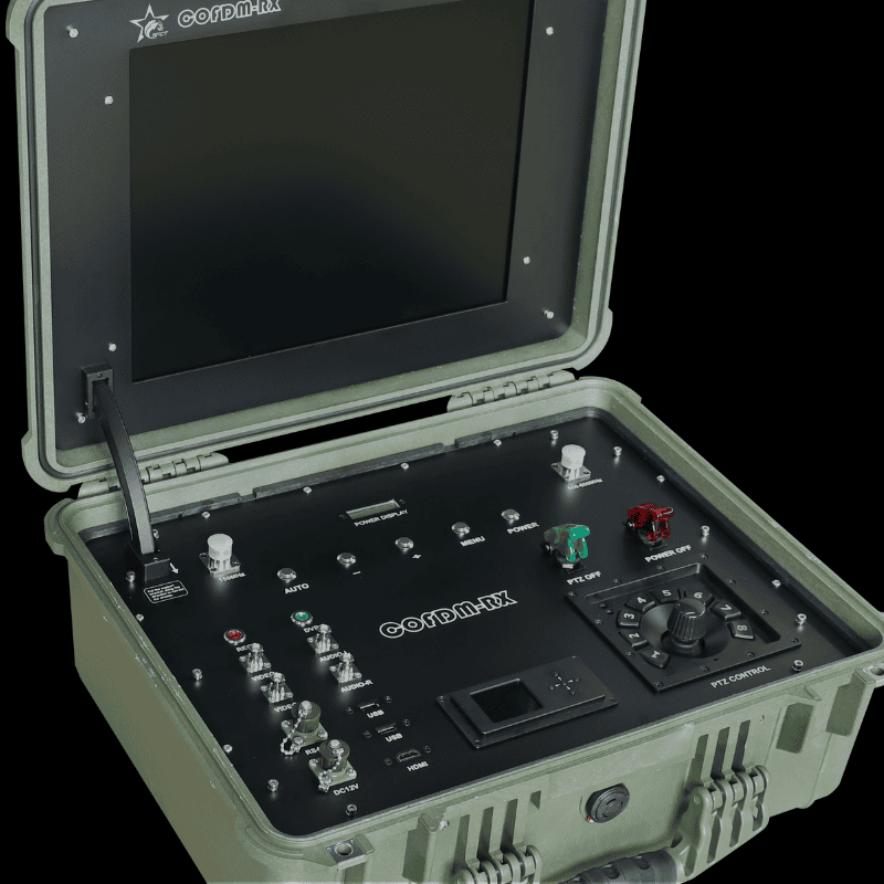 Rugged ground control station with integrated monitor and joystick interface for UAV or PTZ camera operation, housed in a military-grade case.