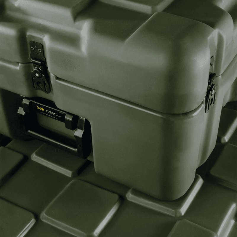 Heavy-duty green military storage case with reinforced corners, rugged latches, and integrated carry handle.
