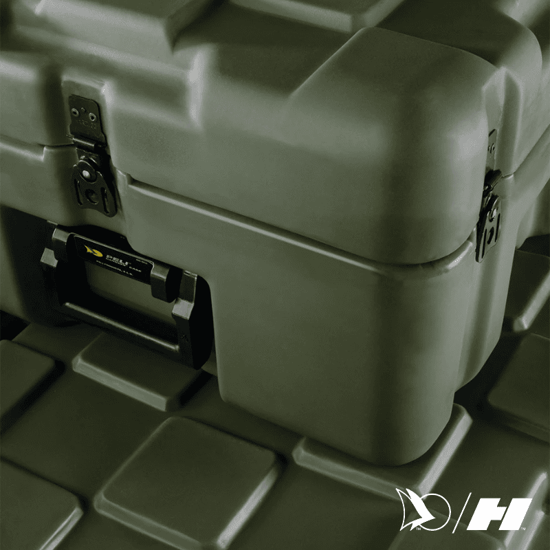 Heavy-duty green military storage case with reinforced corners, rugged latches, and integrated carry handle.