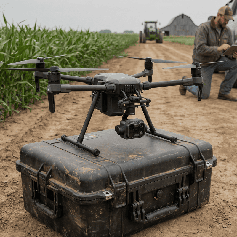 Agricultural drone equipped with multispectral camera on rugged case in cornfield, with farmer using tablet for precision farming data.