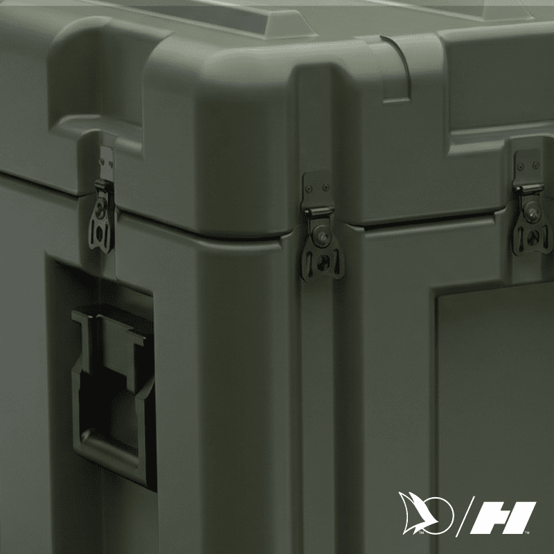 Olive green single-lid military transport case with reinforced edges, heavy-duty latches, and foldable side handle.