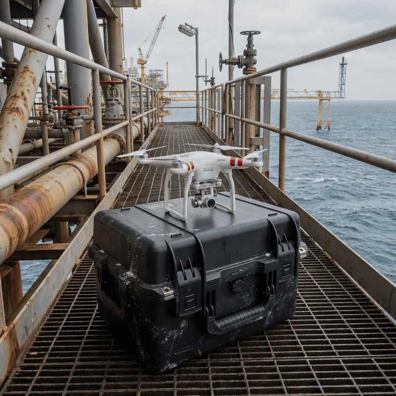 Offshore inspection drone placed on a rugged waterproof case atop oil platform walkway, with ocean and flare tower in the background.
