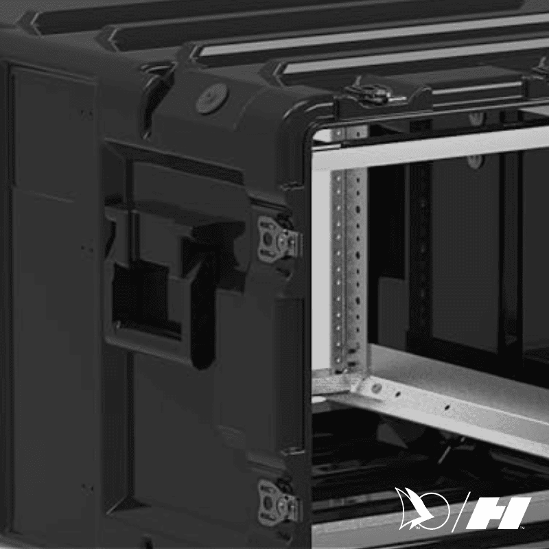 Black hard-shell rackmount case with open front panel, integrated steel rails, and heavy-duty latches for secure transport of electronic equipment.